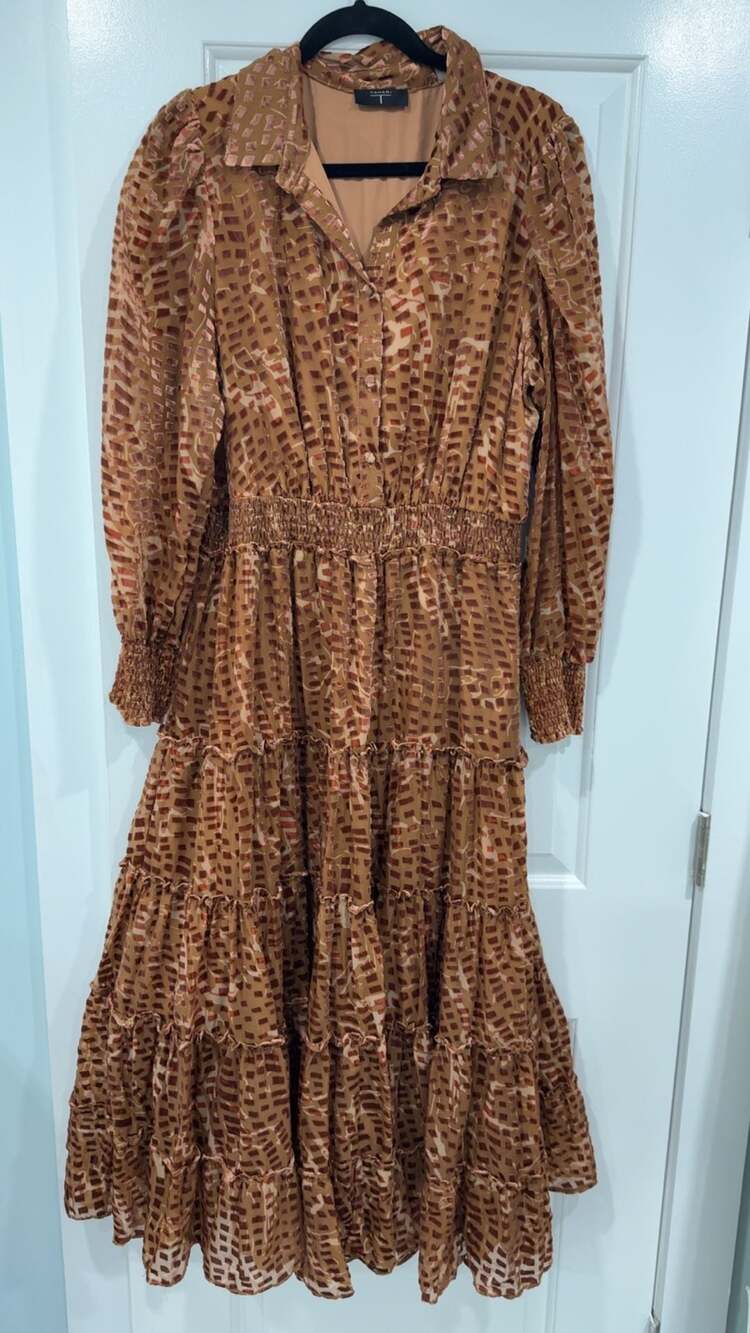 T Tahari Brown Georgette Velvet Burnout Midi Dress Size XL